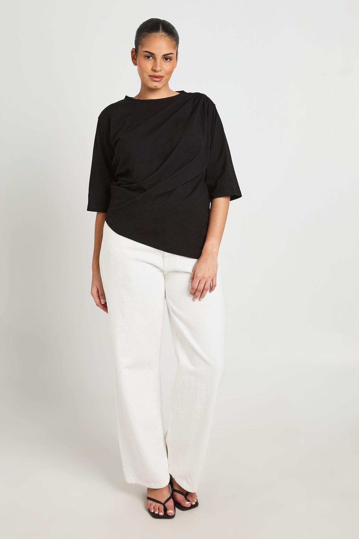 Plus Asymmetric Hem Cinched Waist 3/4 Sleeve T-shirt by BOOHOO