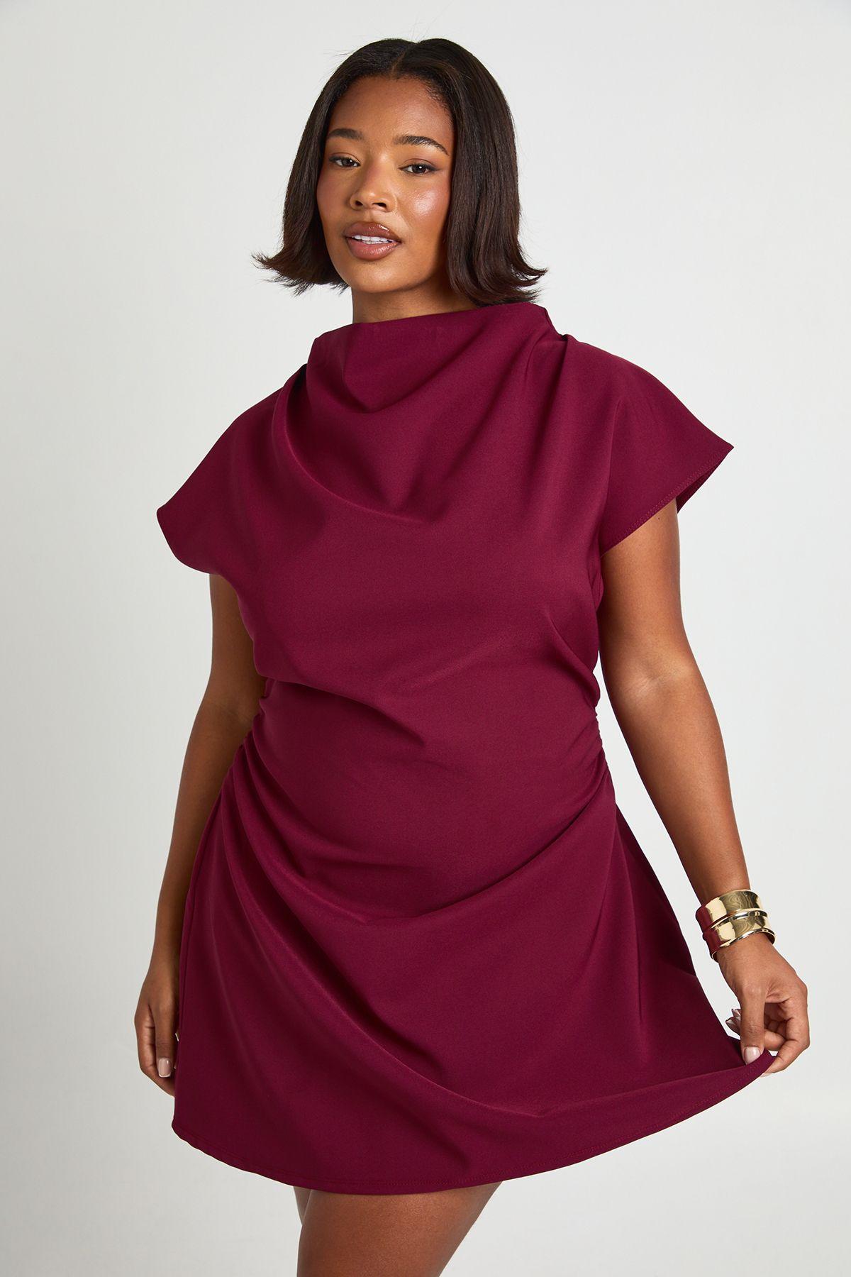 Plus Asymmetric Ruched Cap Sleeve Shift Dress by BOOHOO