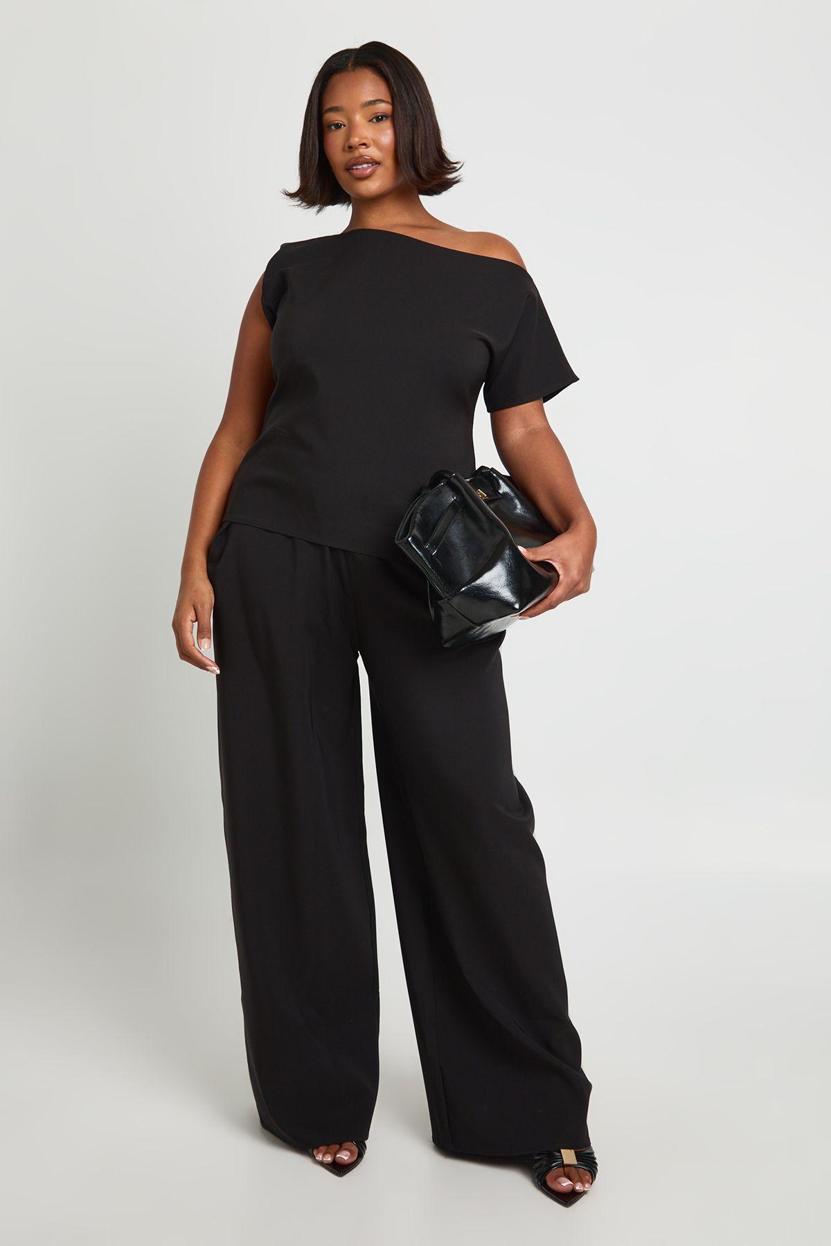 Plus Asymmetrical Off The Shoulder Top And Pleated Waist Wide Leg Trouser by BOOHOO