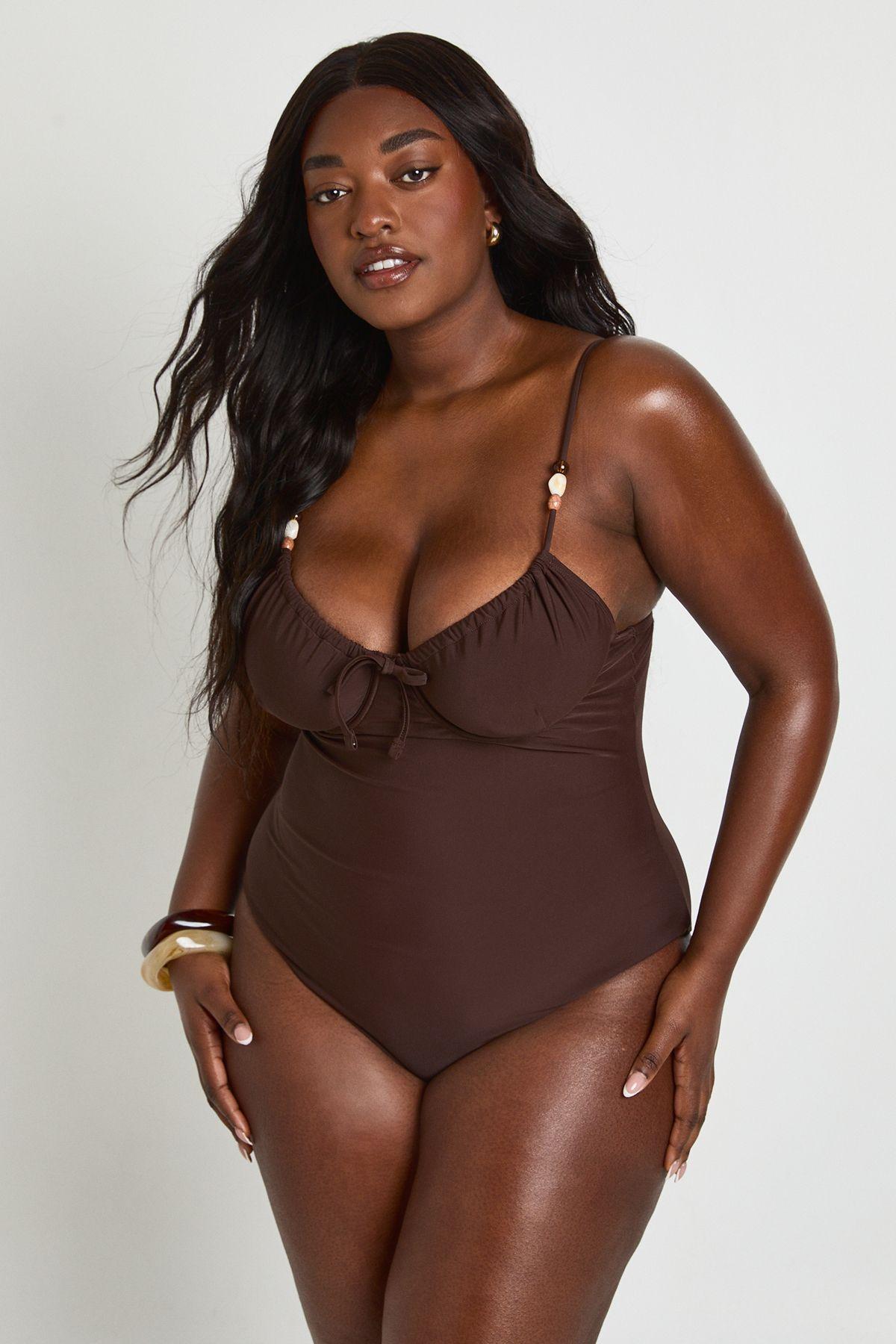 Plus Balcony Beaded Trim Detail Swimsuit by BOOHOO