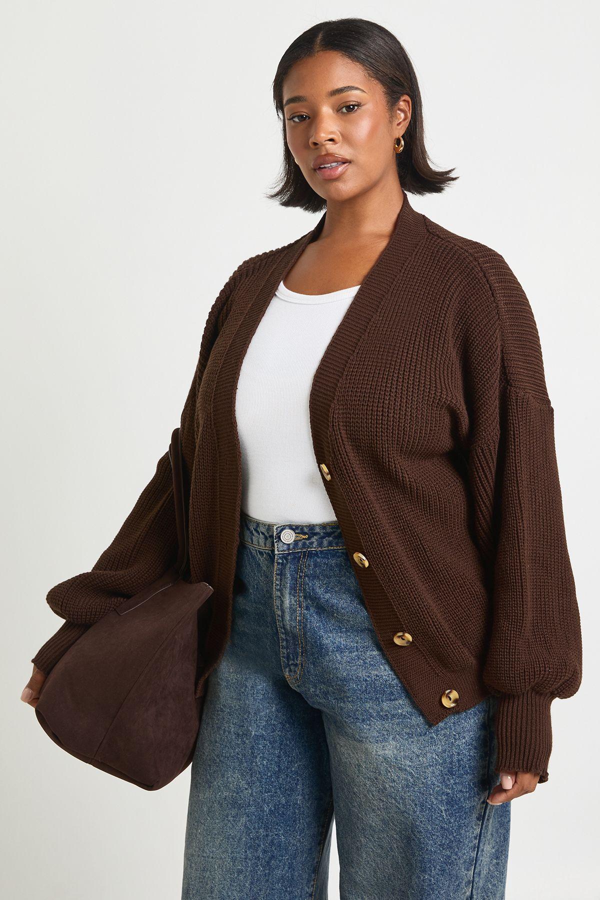 Plus Balloon Sleeve Button Through Rib Cardigan by BOOHOO