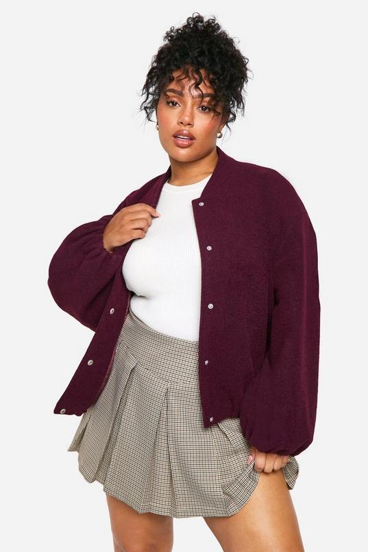 Plus Balloon Sleeve Wool Look Bomber Jacket by BOOHOO