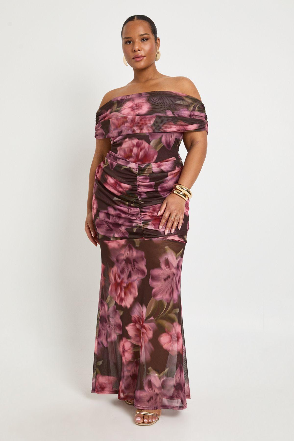 Plus Bardot Ruched Body Midaxi Dress by BOOHOO