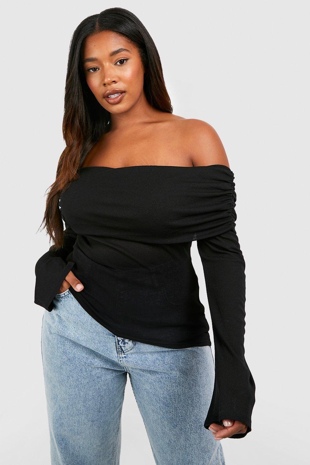 Plus Bardot Ruched Flare Sleeve Top by BOOHOO