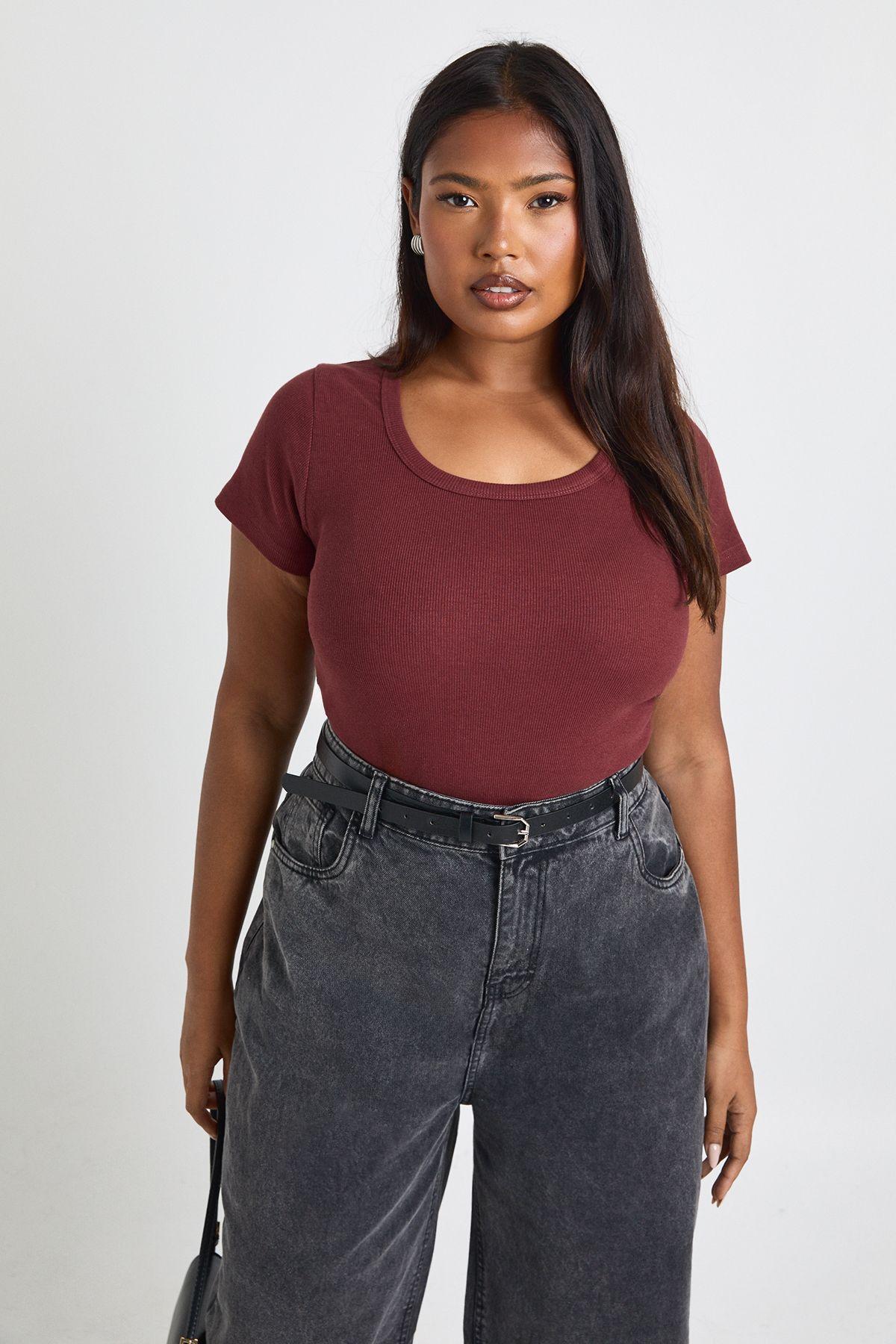 Plus Basic Rib Scoop Neck Fitted Short Sleeve Top by BOOHOO Plus Basic Rib Scoop Neck Fitted Short Sleeve Top by BOOHOO