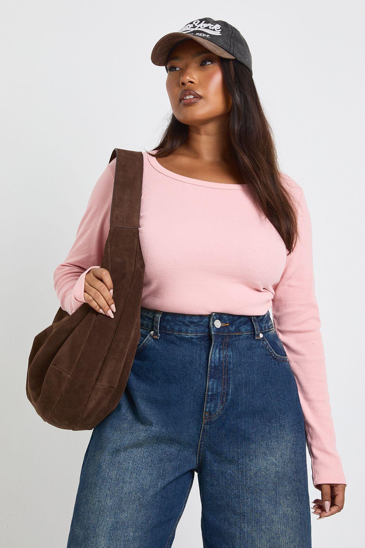 Plus Basic Rib Scoop Neck Longline Long Sleeve Fitted Top by BOOHOO