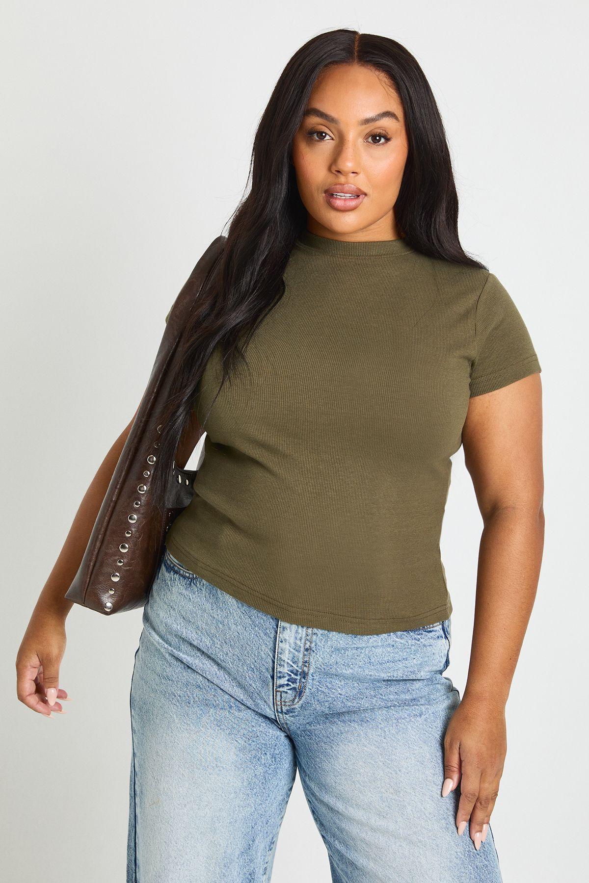 Plus Basic Rib Short Sleeve Fitted Top by BOOHOO
