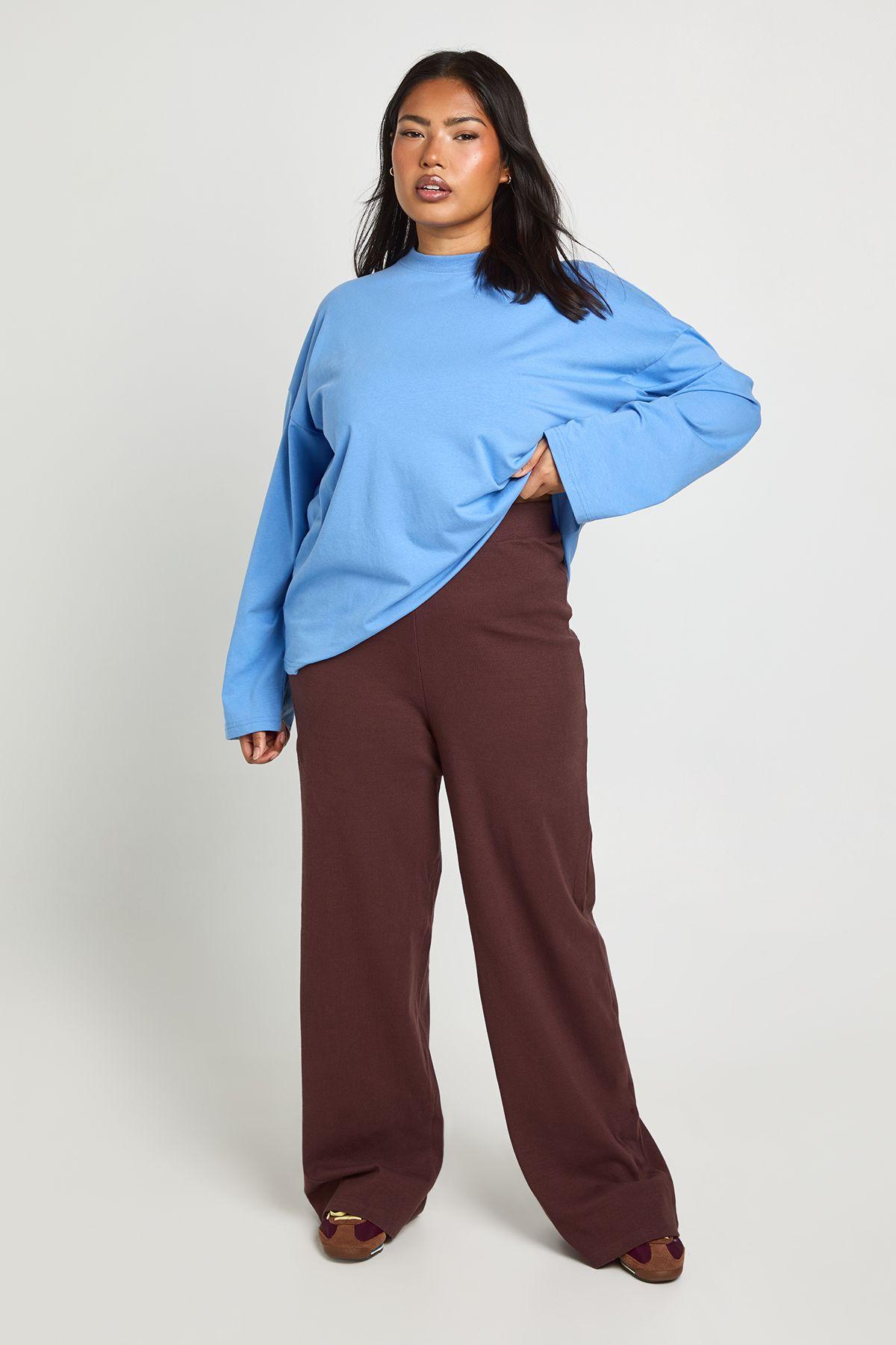 Plus Basic Rib Straight Leg Trouser by BOOHOO