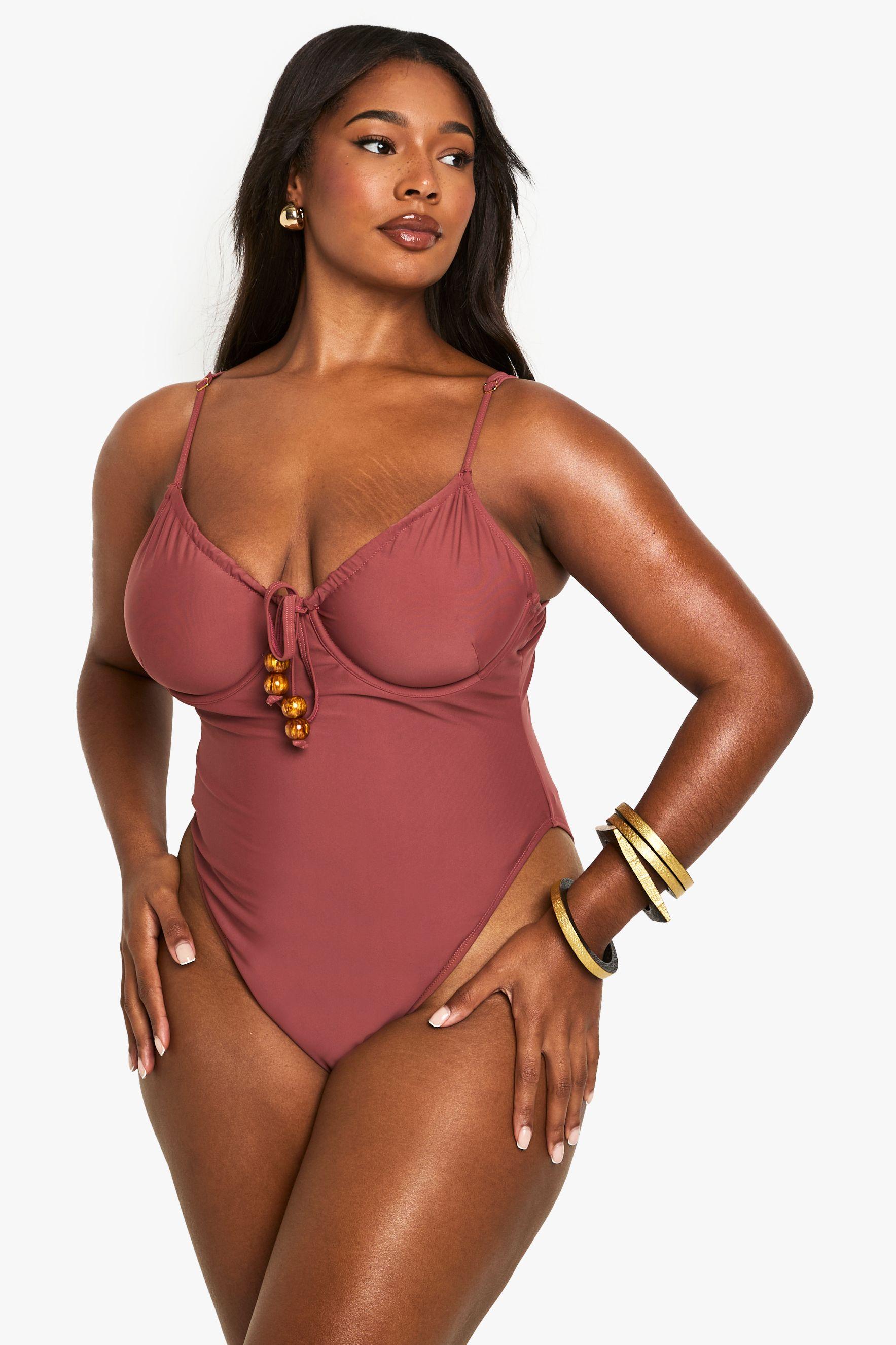 Plus Beaded Tie Front Swimsuit by BOOHOO