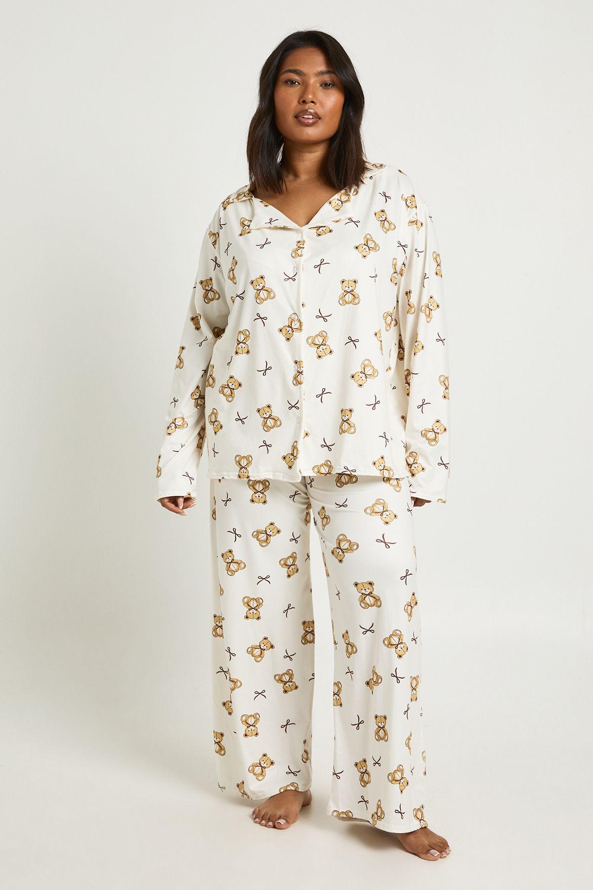 Plus Bears And Bows Print Long Sleeve Shirt & Trouser Pyjama Set by BOOHOO