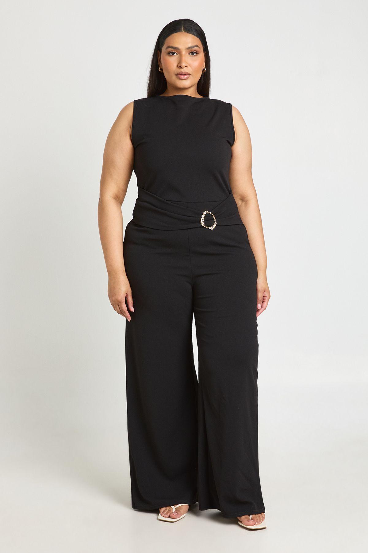 Plus Belted Gold Trim Detail Wide Leg Jumpsuit by BOOHOO