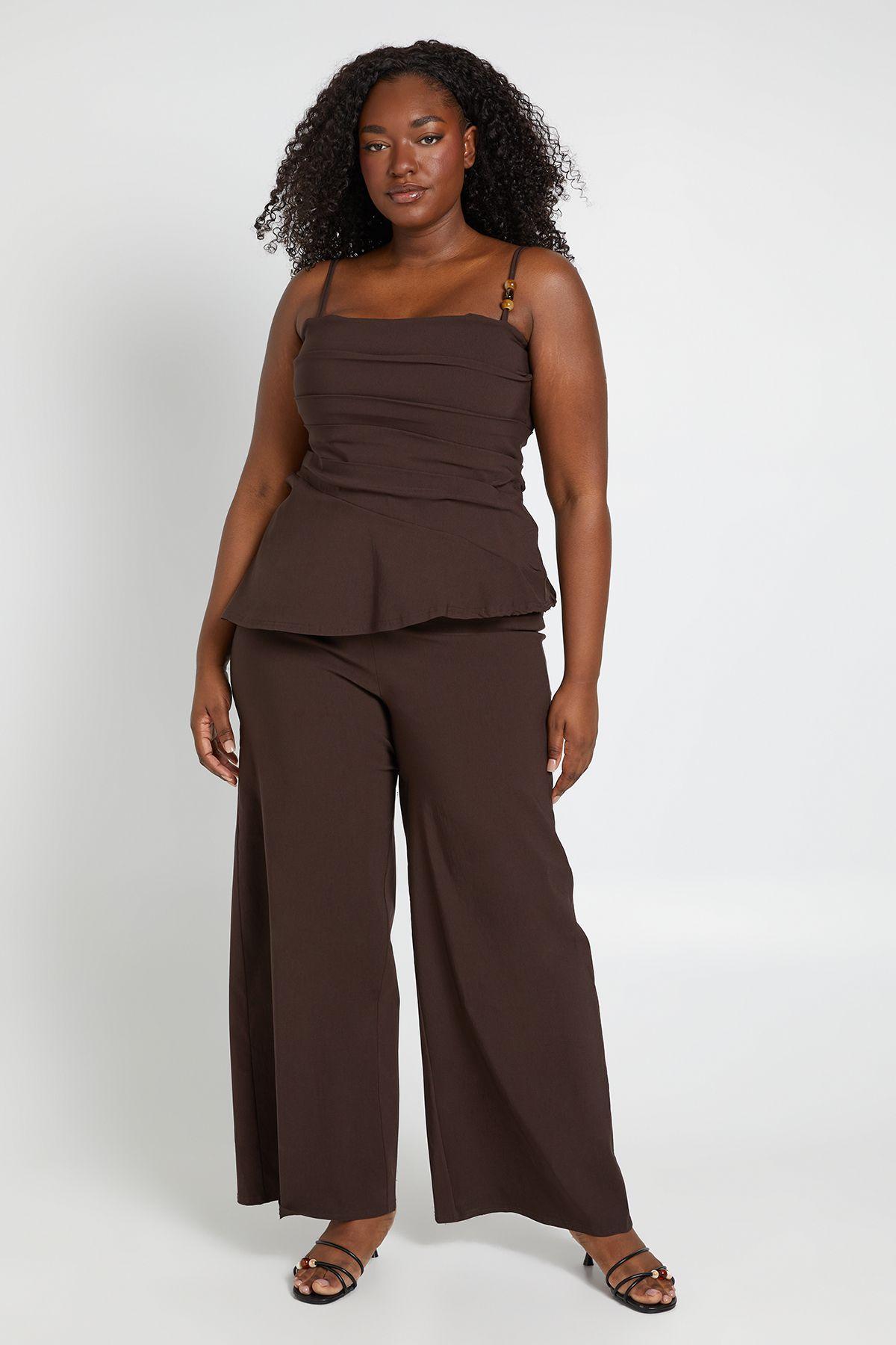 Plus Bengaline Bead Detail Asym Ruched Top & Wide Leg Trouser Co Ord by BOOHOO
