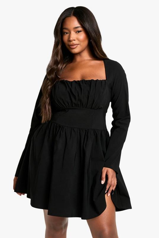 Plus Bengaline Corset Long Sleeve Skater Dress by BOOHOO