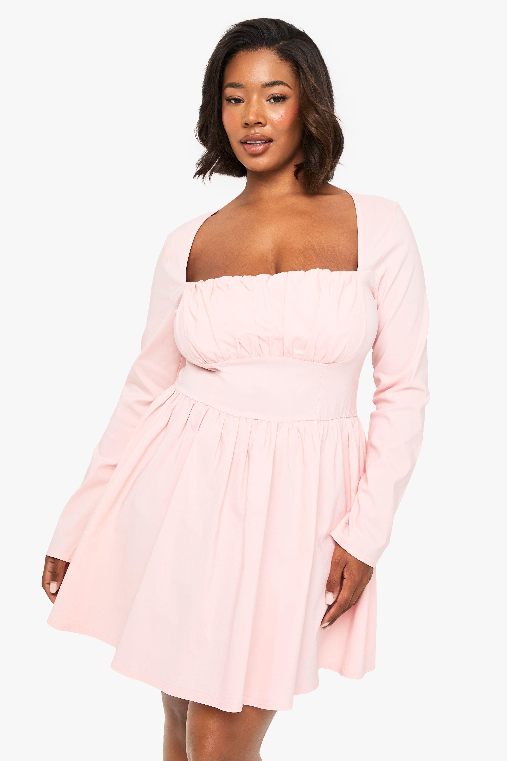 Plus Bengaline Corset Long Sleeve Skater Dress by BOOHOO