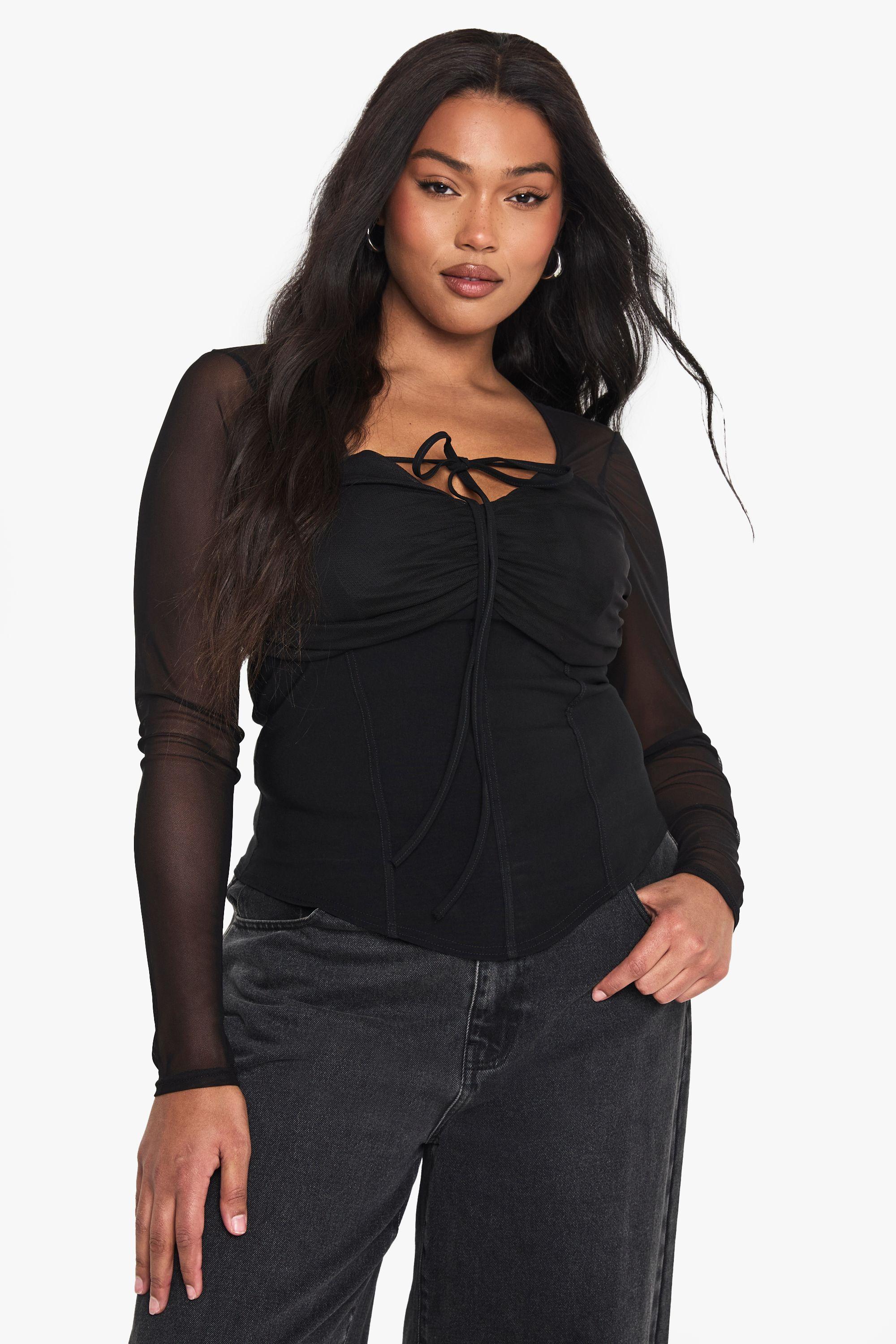 Plus Bengaline Mesh Sleeve Corset Top by BOOHOO