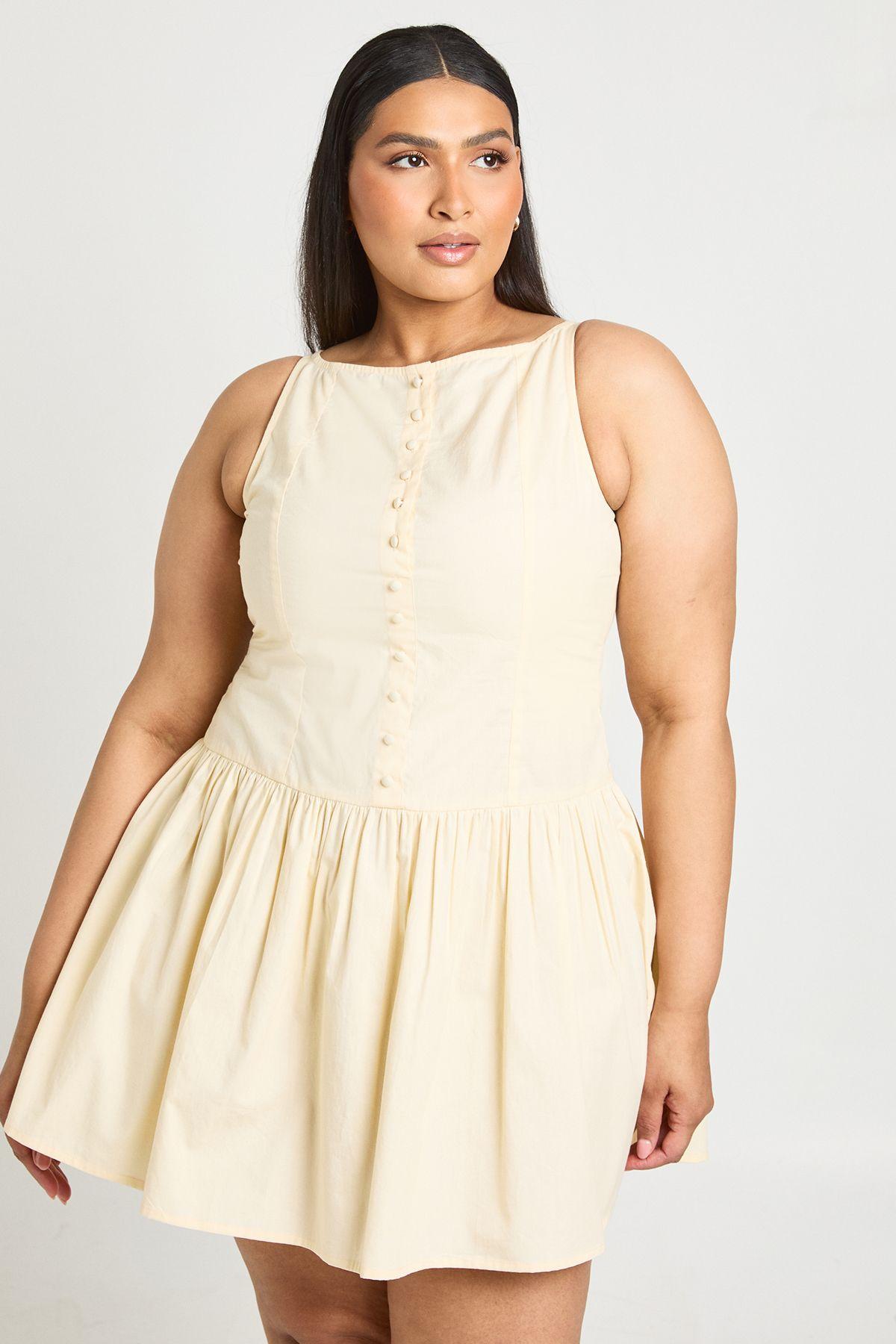 Plus Boat Neck Button Down Detail Skater Mini Dress by BOOHOO