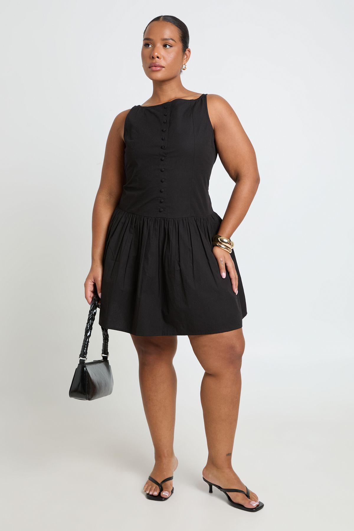 Plus Boat Neck Button Down Detail Skater Mini Dress by BOOHOO