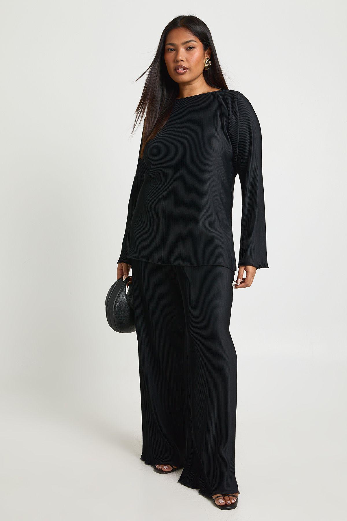 Plus Boat Neck Plisse Long Sleeve Top And Wide Leg Trousers Co Ord by BOOHOO