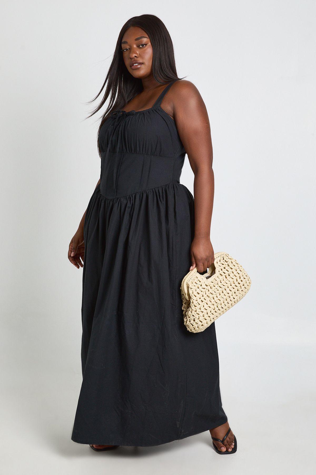 Plus Bodice Detail Tie Front Maxi Skater Dress by BOOHOO