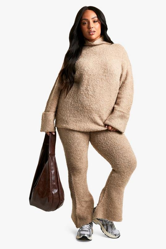 Plus Borg High Neck Cuff Detail Knitted Jumper And Flare Trouser Co-ord by BOOHOO