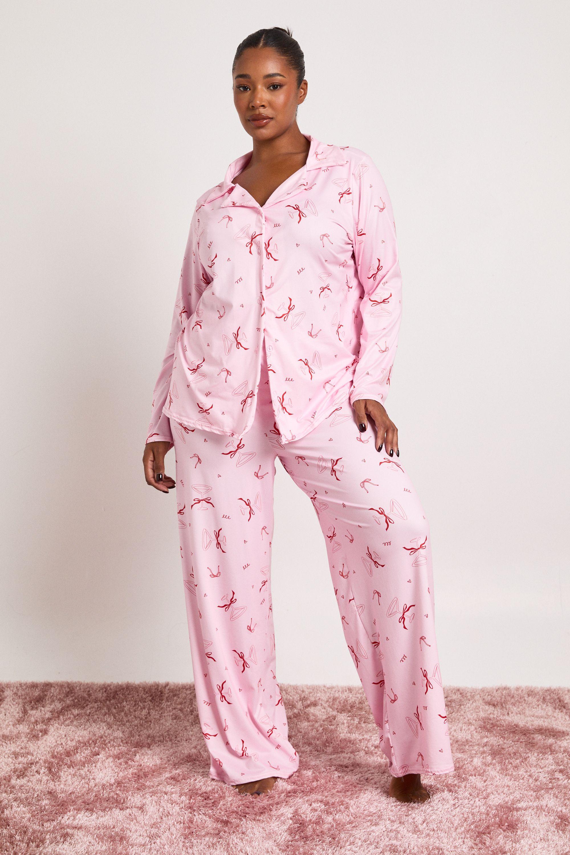 Plus Bow Cocktail Long Sleeve Shirt And Trousers Pyjama Set by BOOHOO