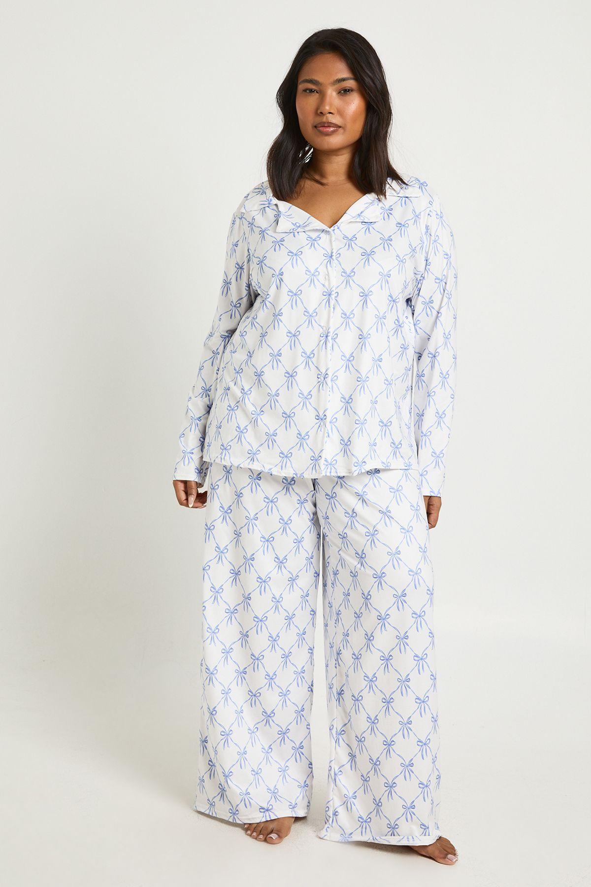 Plus Bow Print Long Sleeve Shirt And Trousers Pyjama Set by BOOHOO
