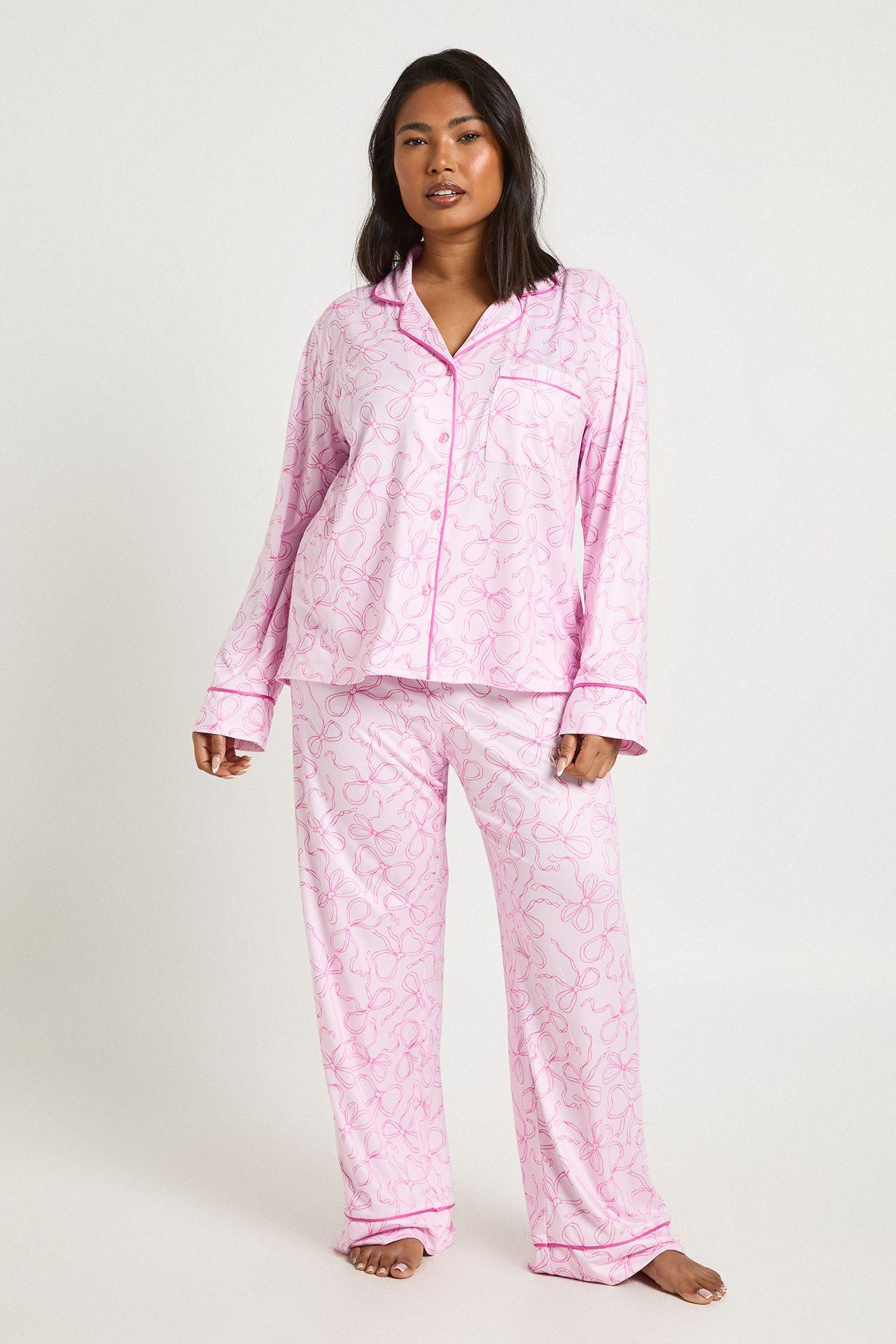 Plus Bow Print Long Sleeve Shirt & Trouser Pyjama Set by BOOHOO