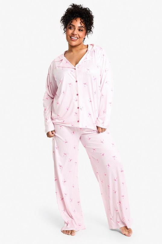Plus Bow Stripe Print Long Sleeve & Trouser PJ Set by BOOHOO