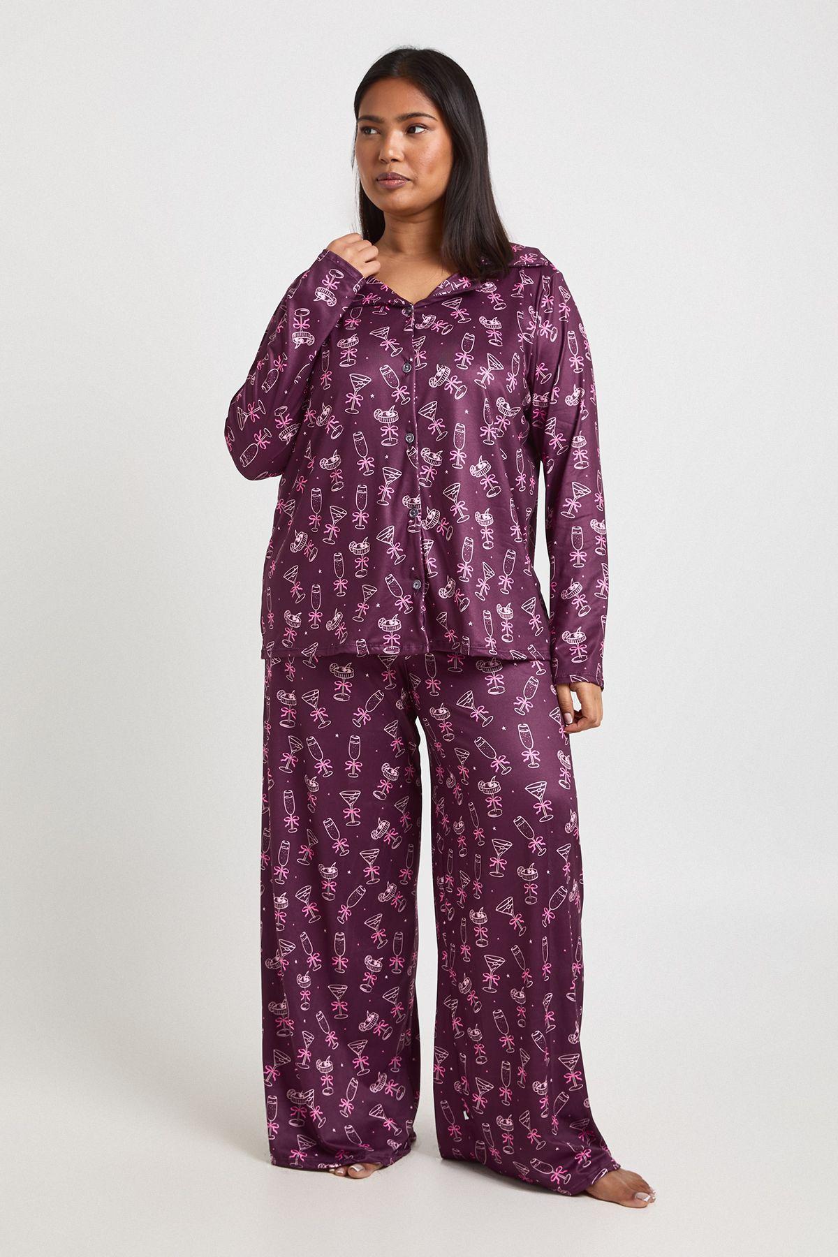 Plus Bows And Cocktails Print Long Sleeve Shirt & Trouser Pyjama Set by BOOHOO