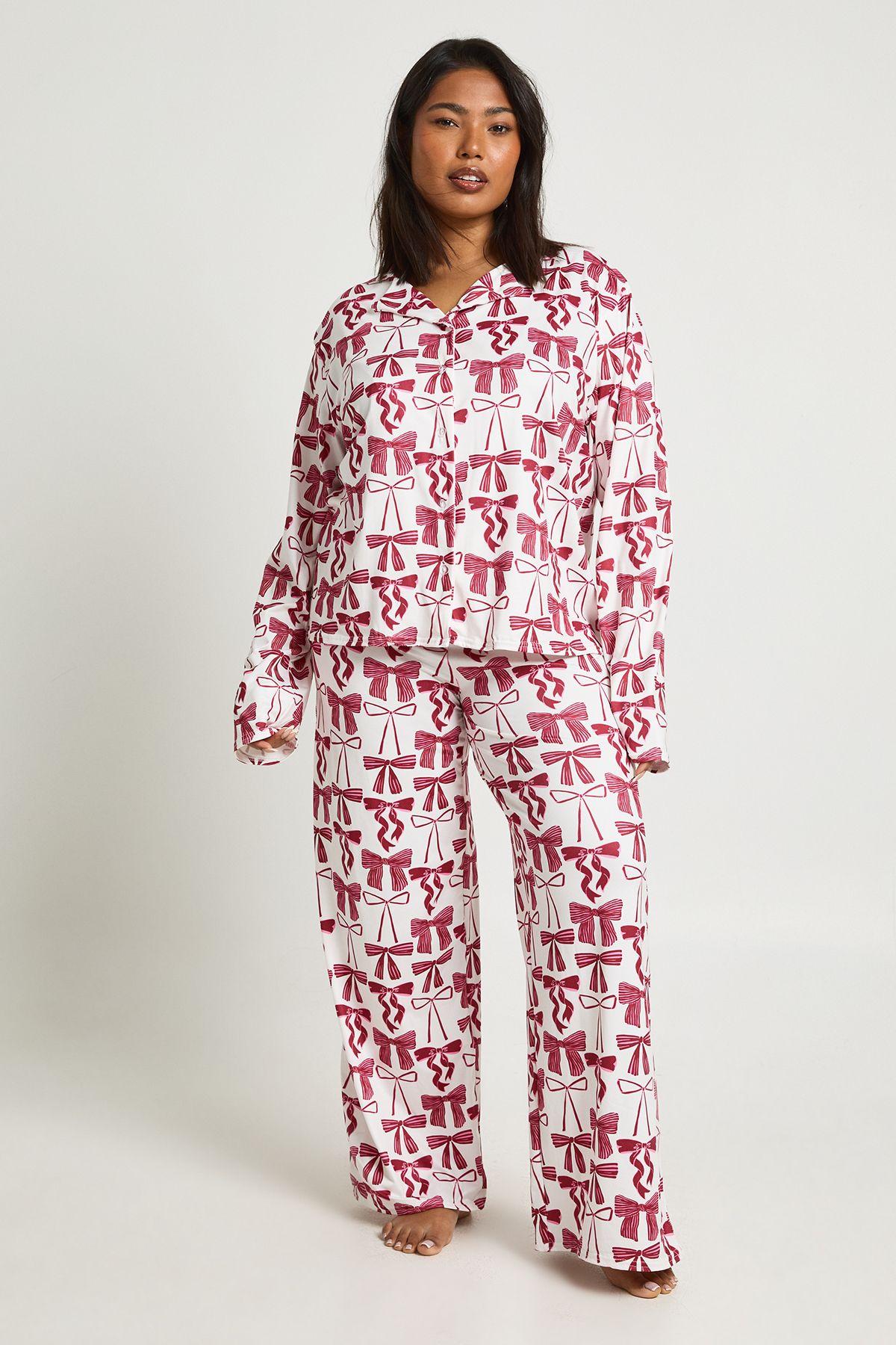 Plus Bows Print Long Sleeve Shirt & Trouser Pyjama Set by BOOHOO