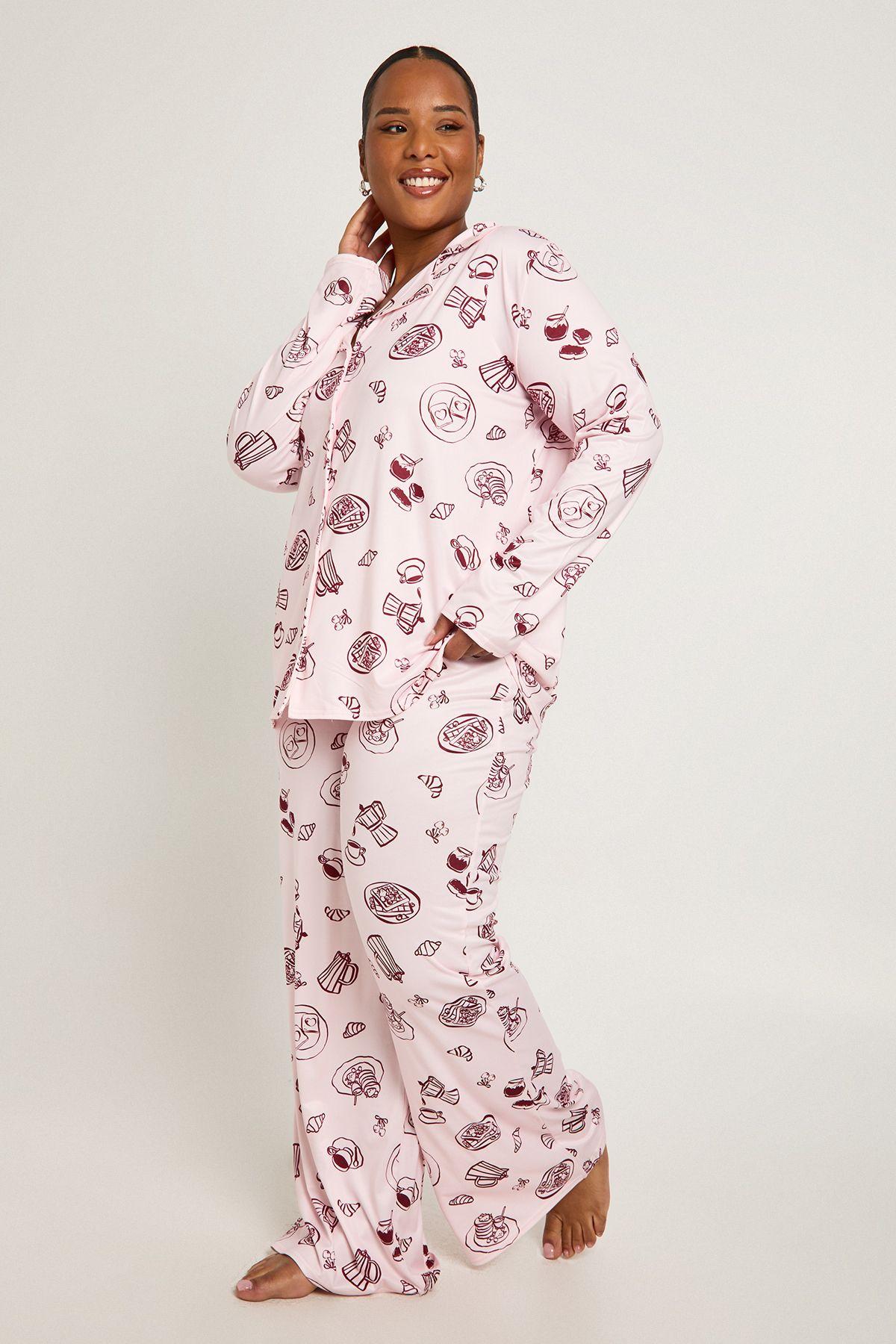 Plus Breakfast Print Long Sleeve & Trouser PJ Set by BOOHOO Plus Breakfast Print Long Sleeve & Trouser PJ Set by BOOHOO