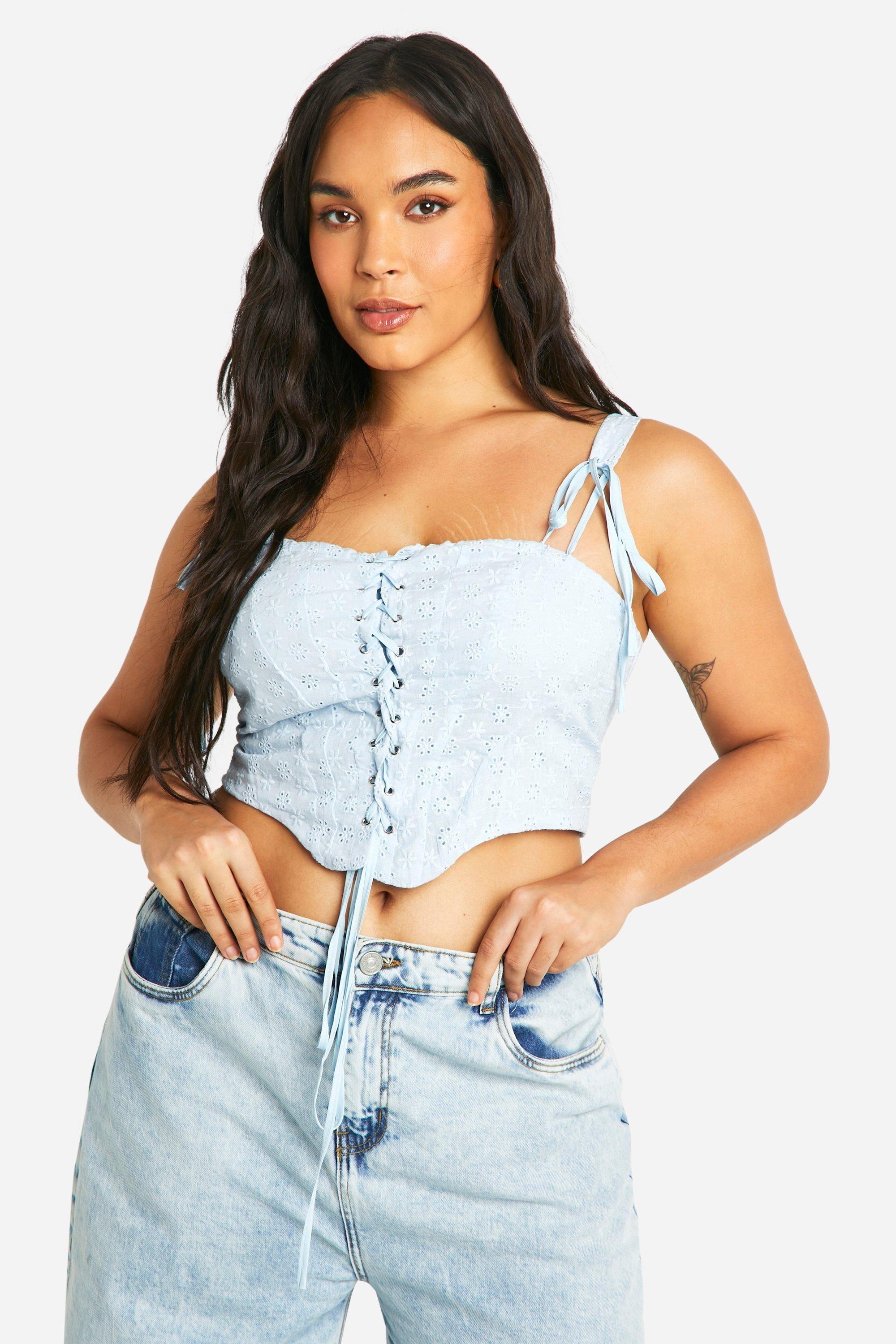 Plus Broderie Lace Up Corset Top by BOOHOO