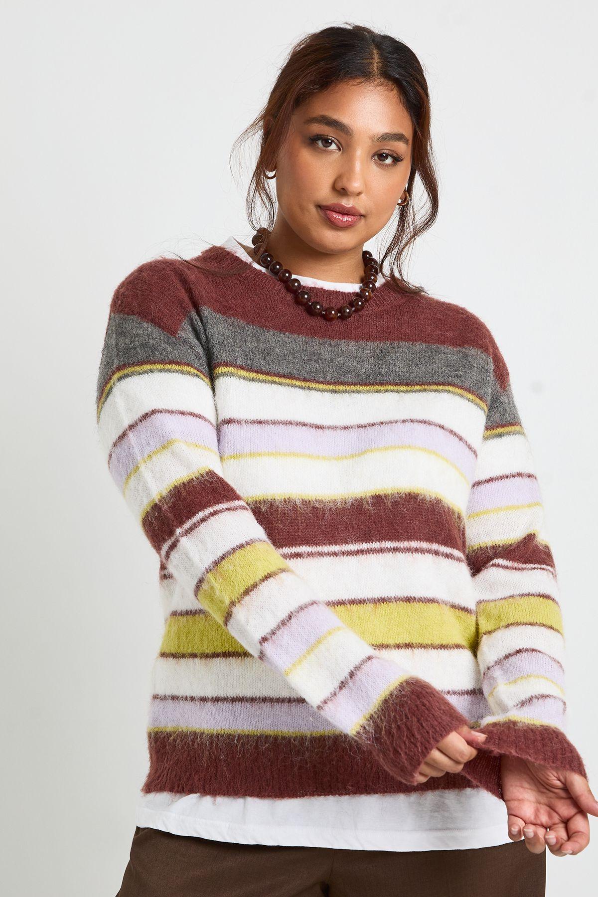 Plus Brushed Knit Multi Stripe Oversized Crew Neck Jumper by BOOHOO