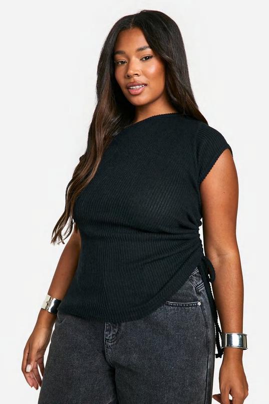Plus Brushed Rib Asymmetric Ruched Side Top by BOOHOO