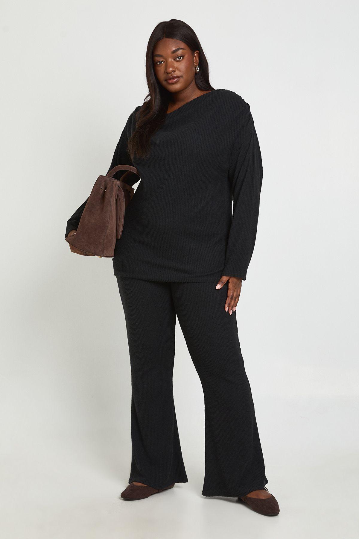 Plus Brushed Rib Ruched Shoulder Detail Top And Wide Leg Trousers by BOOHOO