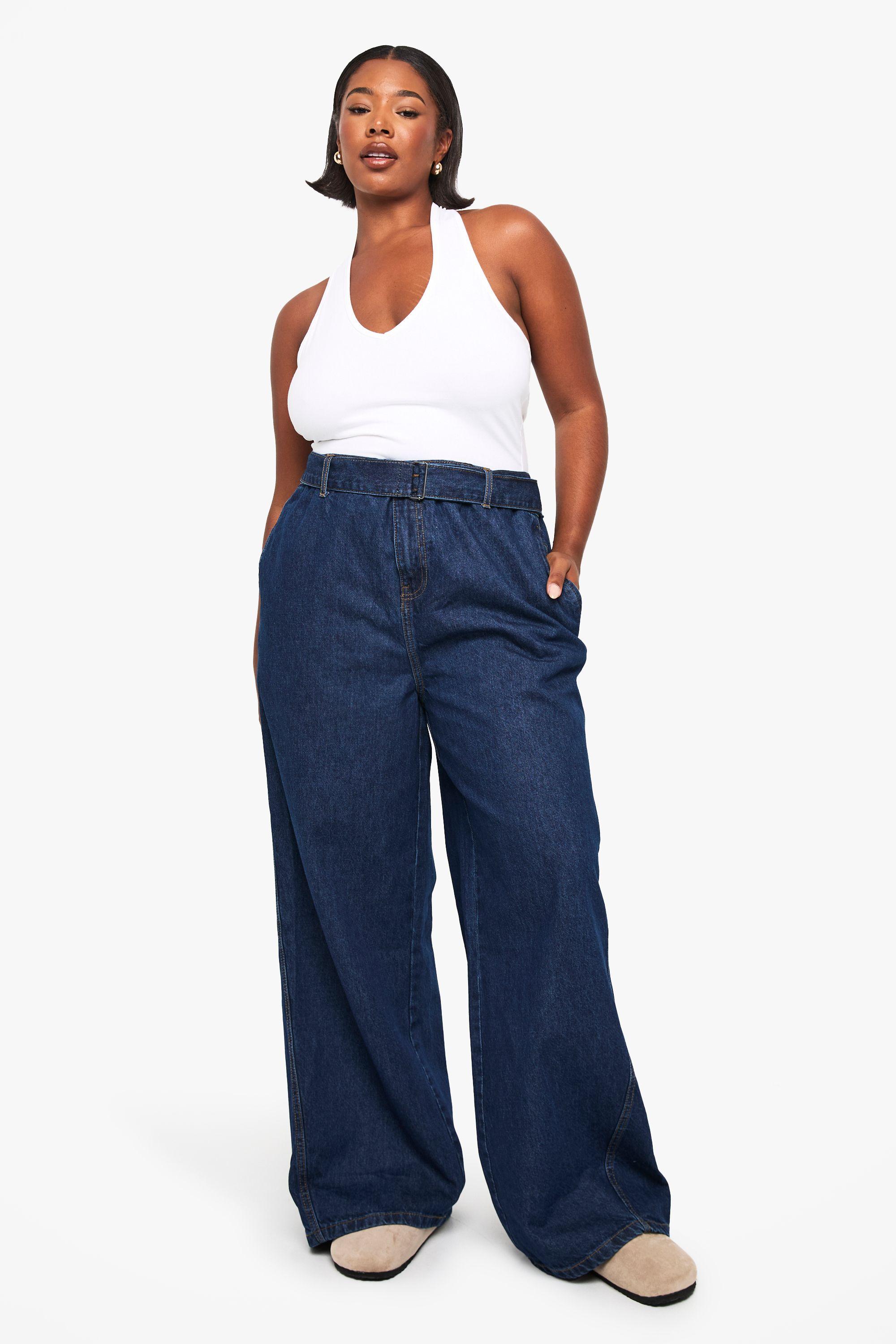 Plus Buckle Belt Elasticated Back Wide Leg Denim Jean by BOOHOO