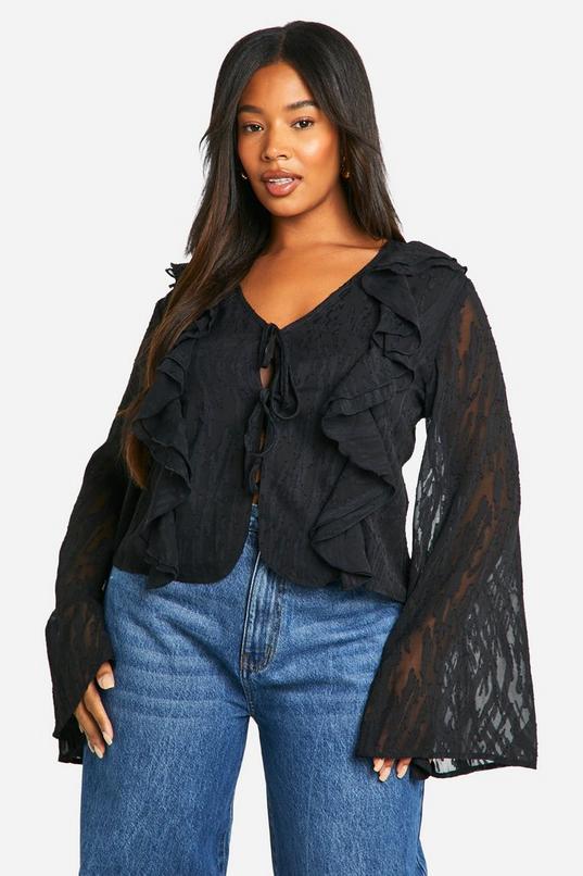 Plus Burnout Animal Tie Front Ruffle Blouse by BOOHOO