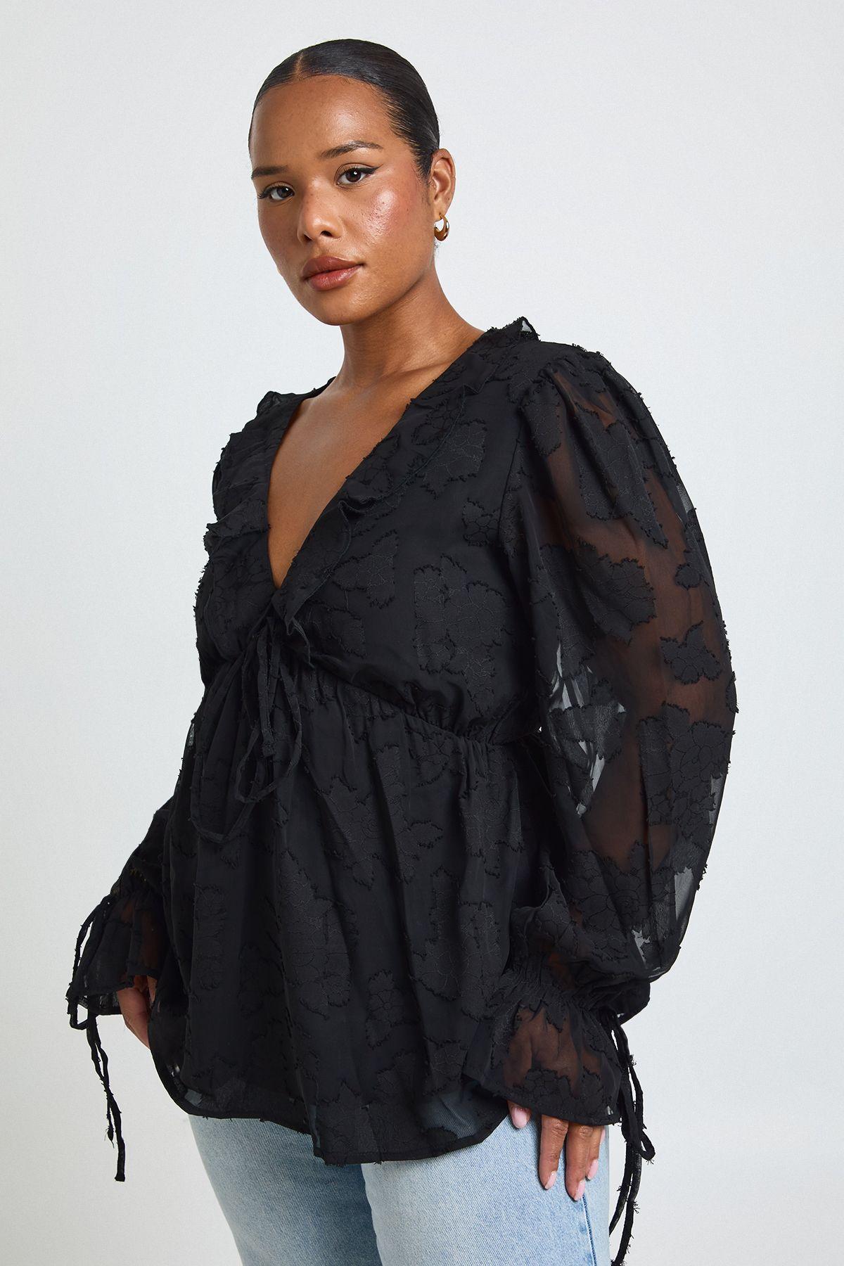 Plus Burnout Chiffon Ruffle Smock Top by BOOHOO