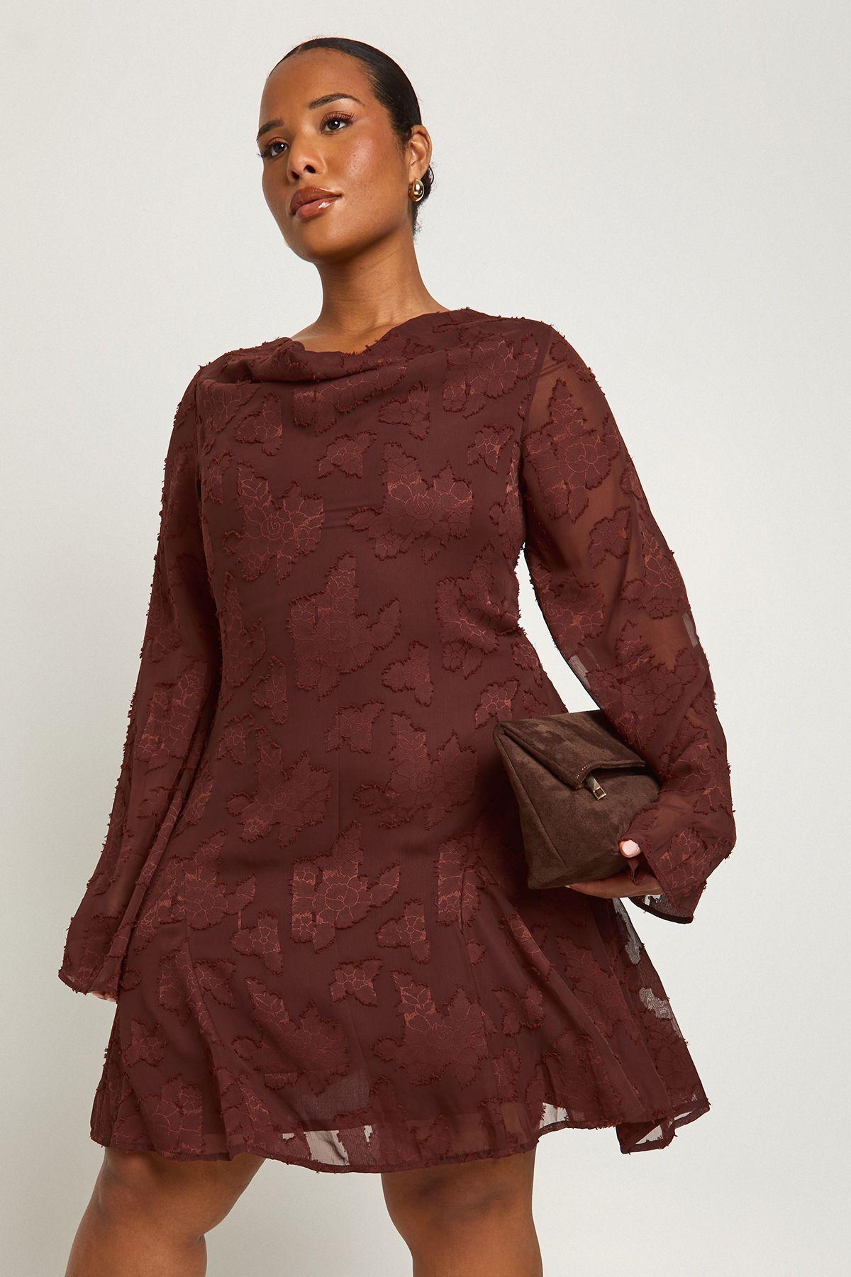 Plus Burnout Cowl Neck Front Ruffle Skater Dress by BOOHOO