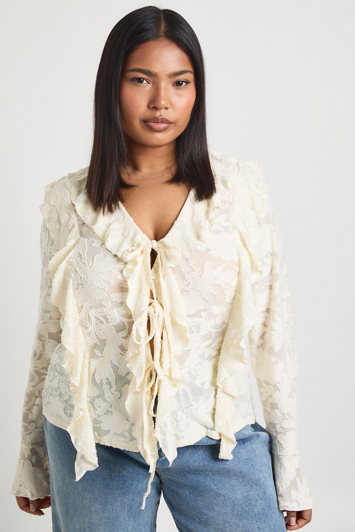 Plus Burnout Double Ruffle Tie Front Blouse by BOOHOO