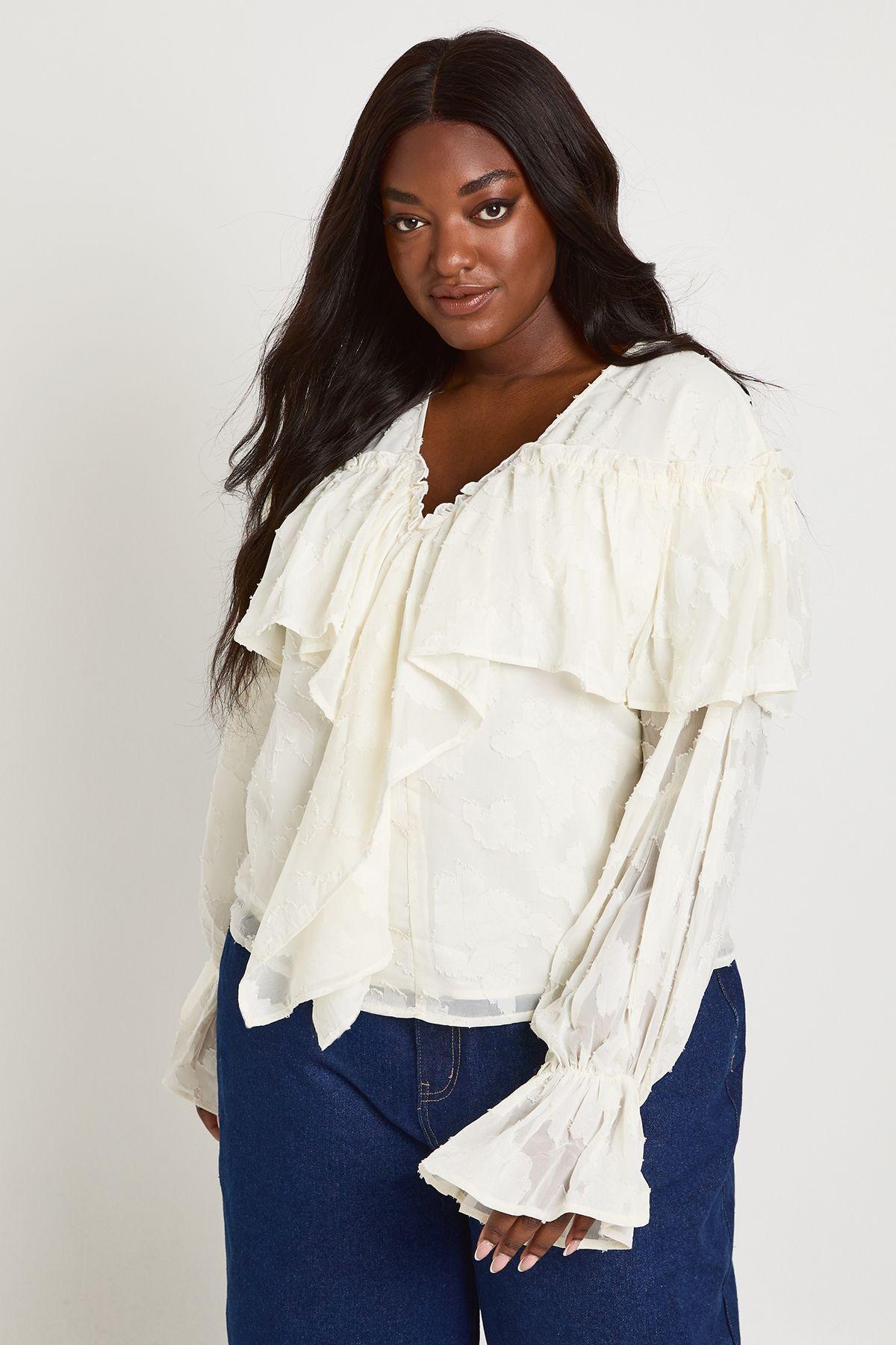 Plus Burnout Ruffle Front Blouse by BOOHOO Plus Burnout Ruffle Front Blouse by BOOHOO