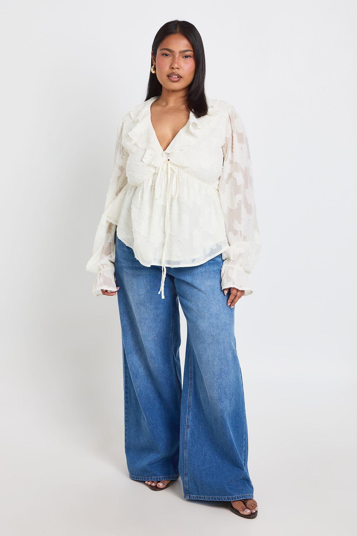 Plus Burnout Ruffle Tie Front Smock Top by BOOHOO