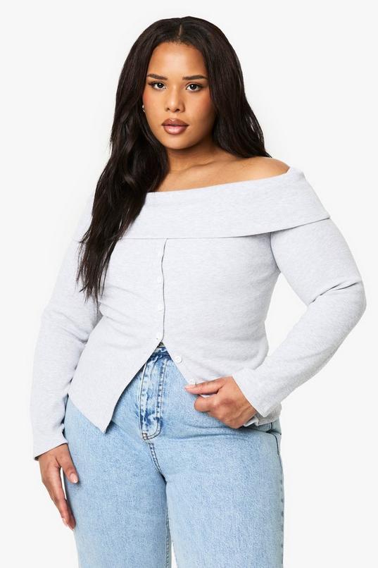Plus Button Down Bardot Rib Top by BOOHOO