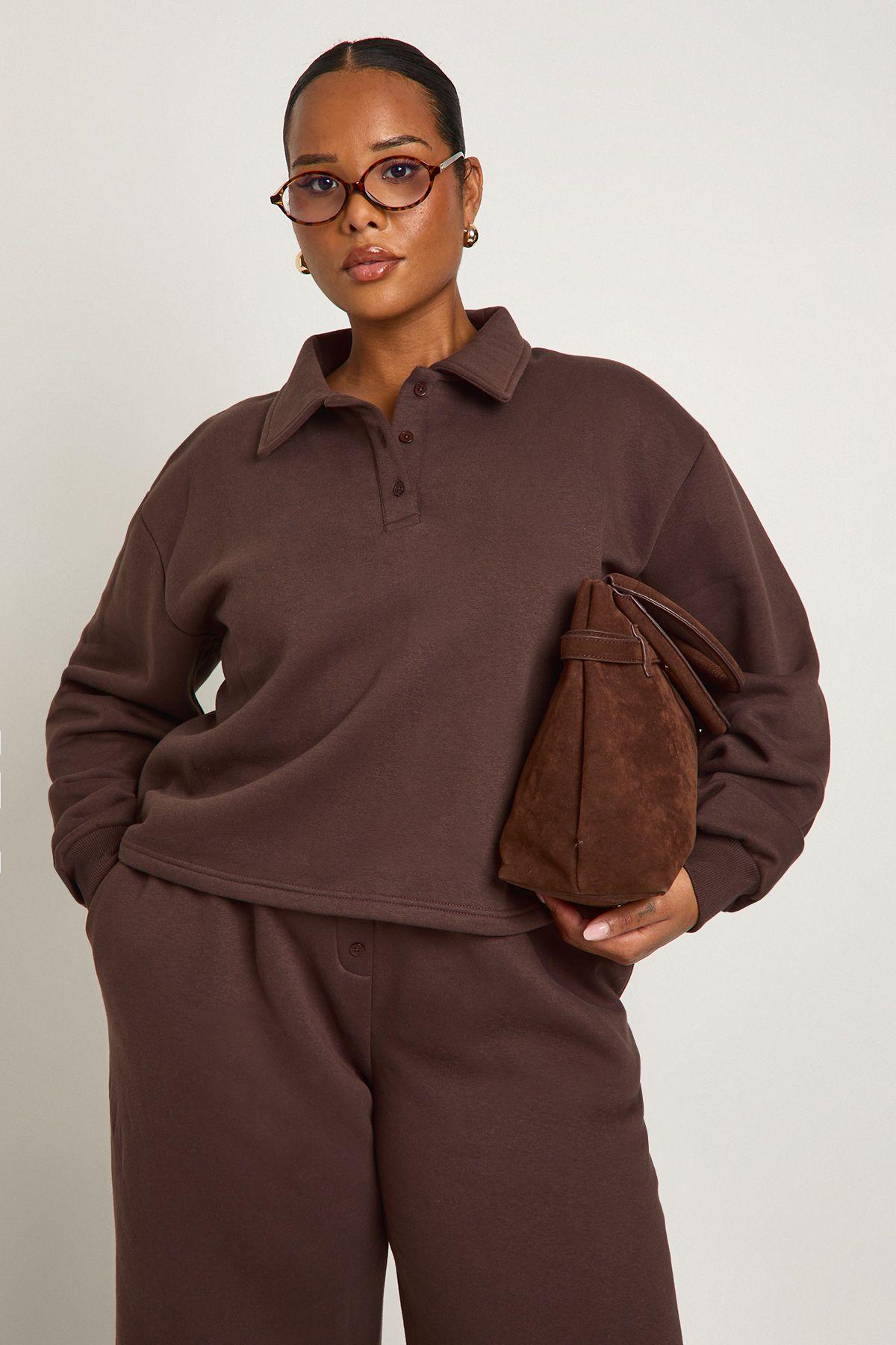 Plus Button Down Collared Sweatshirt by BOOHOO