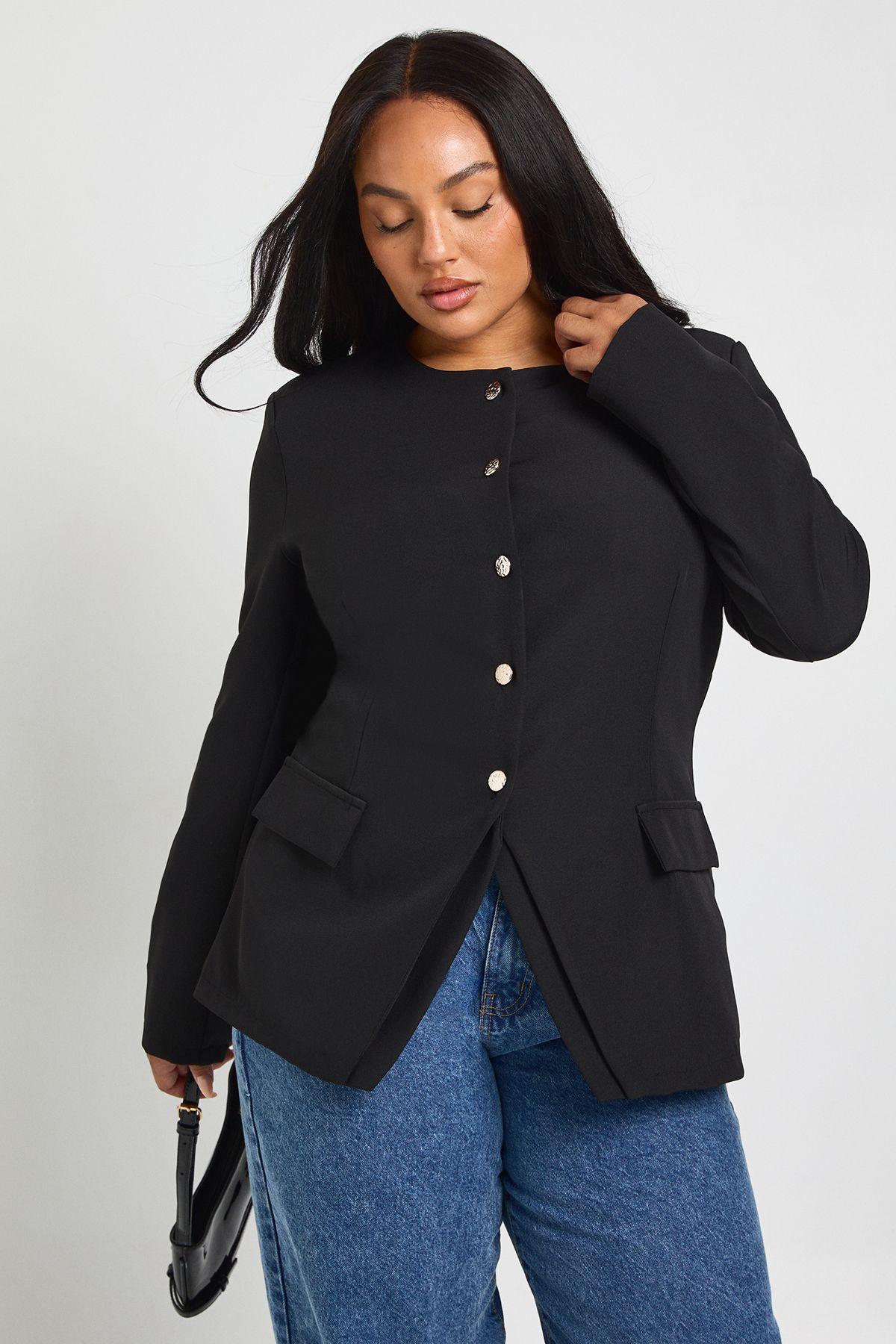 Plus Button Down Split Hem Blazer by BOOHOO