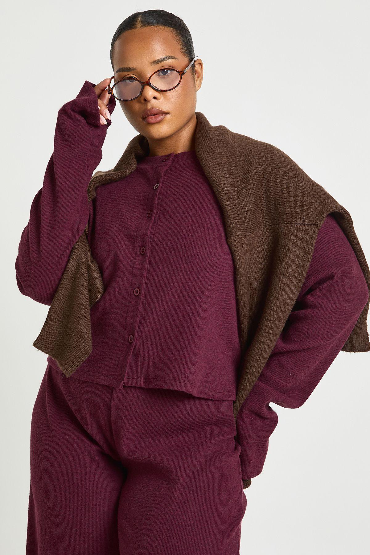 Plus Button Front Knitted Soft Rib Top by BOOHOO