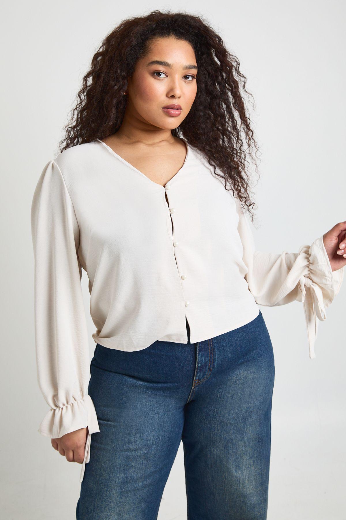 Plus Button Front Toe Sleeve Blouse by BOOHOO