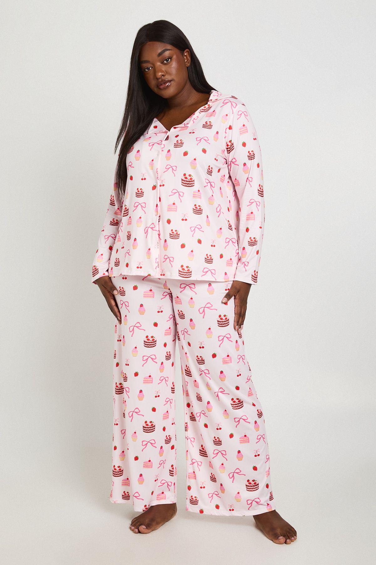 Plus Cake And Bow Print Long Sleeve Shirt & Trouser Pyjama Set by BOOHOO