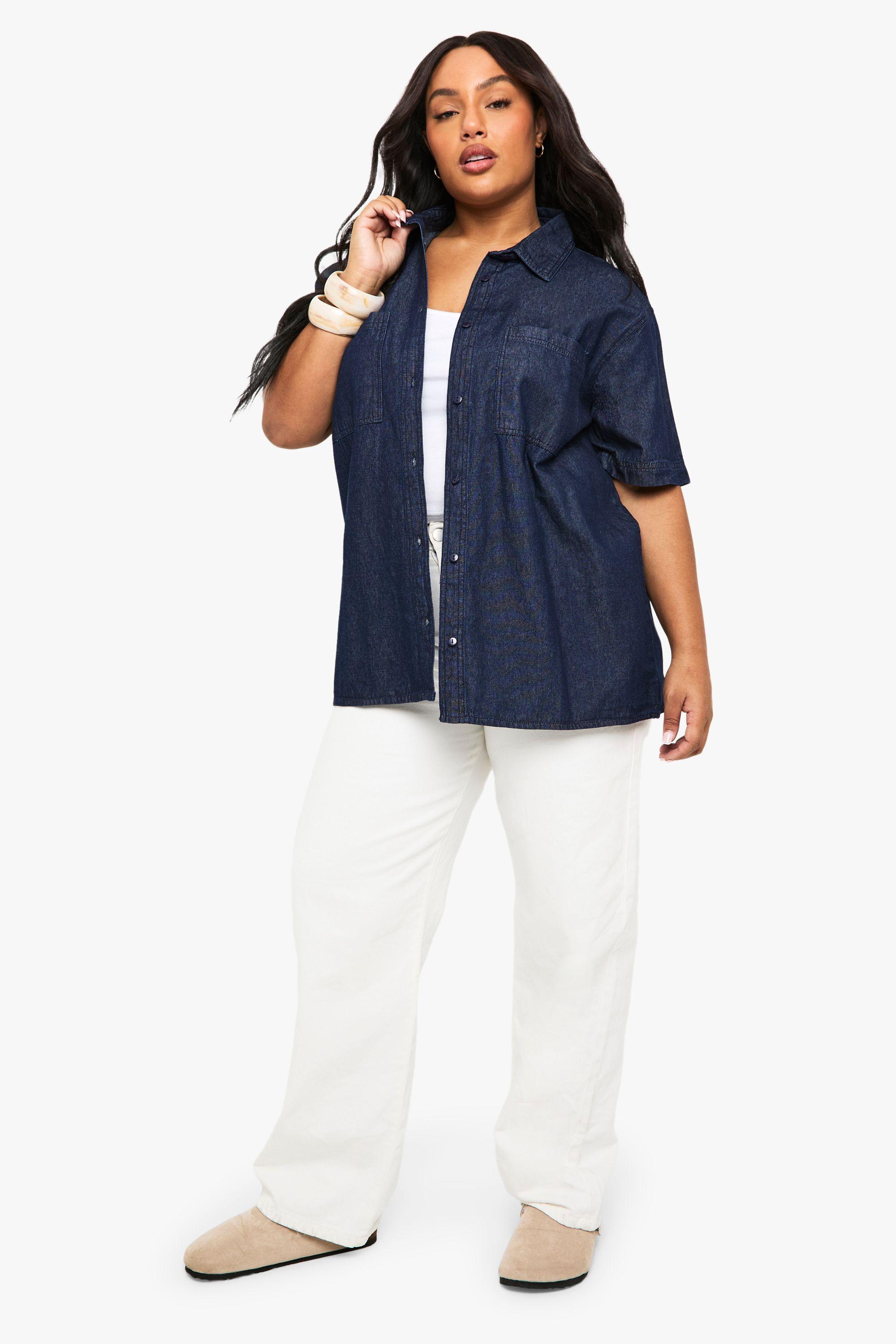 Plus Chambray Denim Short Sleeve Shirt by BOOHOO