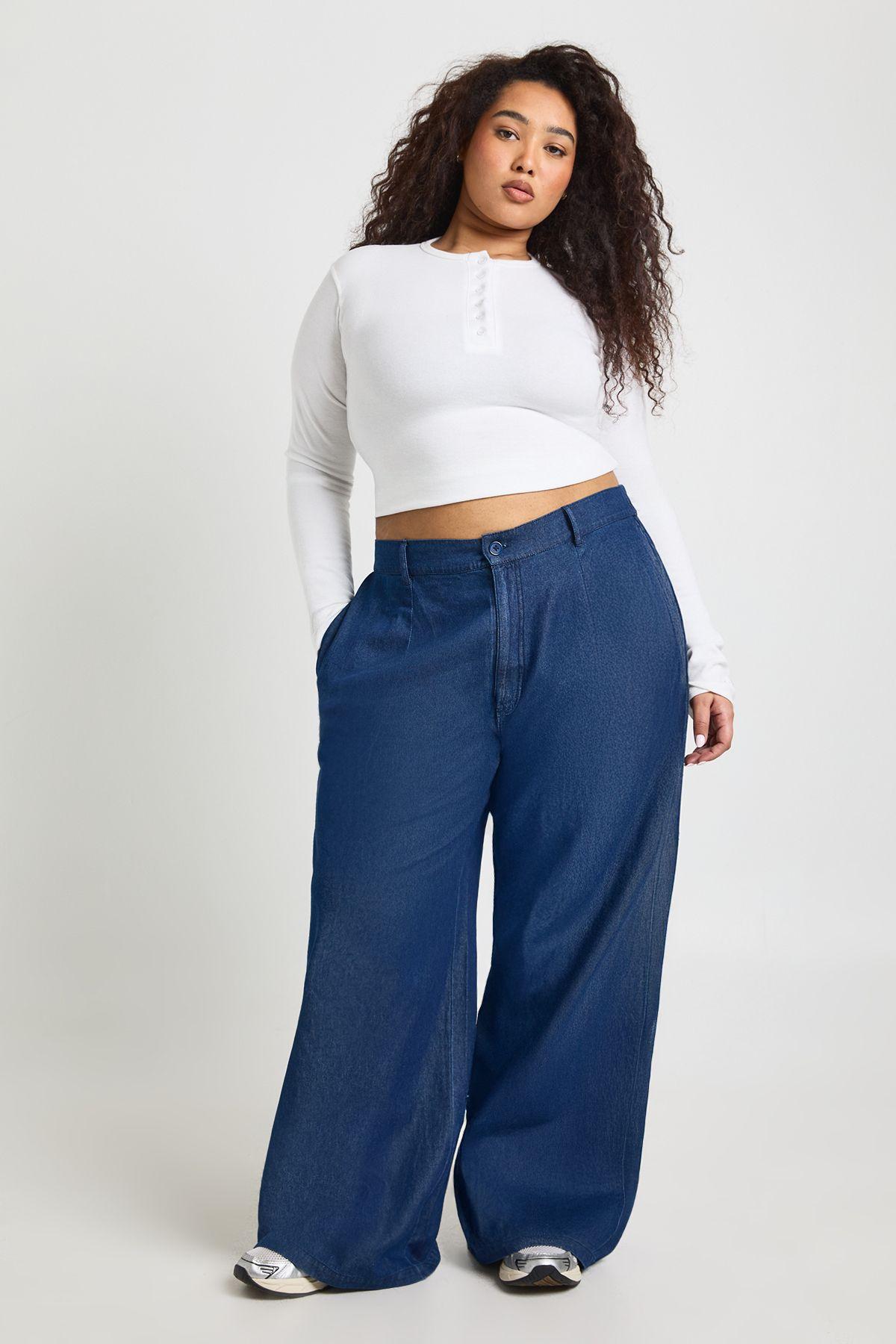 Plus Chambray Lapel Wide Leg Trouser by BOOHOO